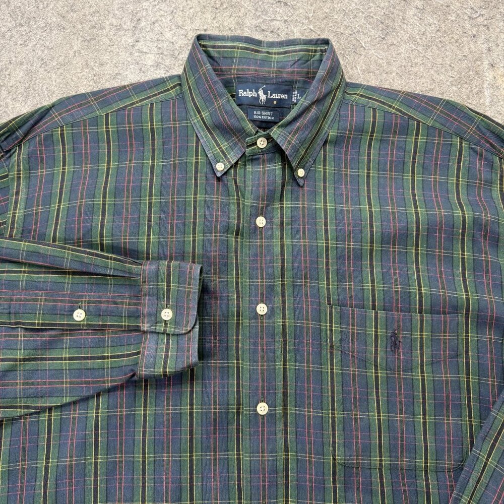 Ralph Lauren Oxford Shirt Men L Green Blue Plaid Long Sleeve OCBD "Big Shirt"